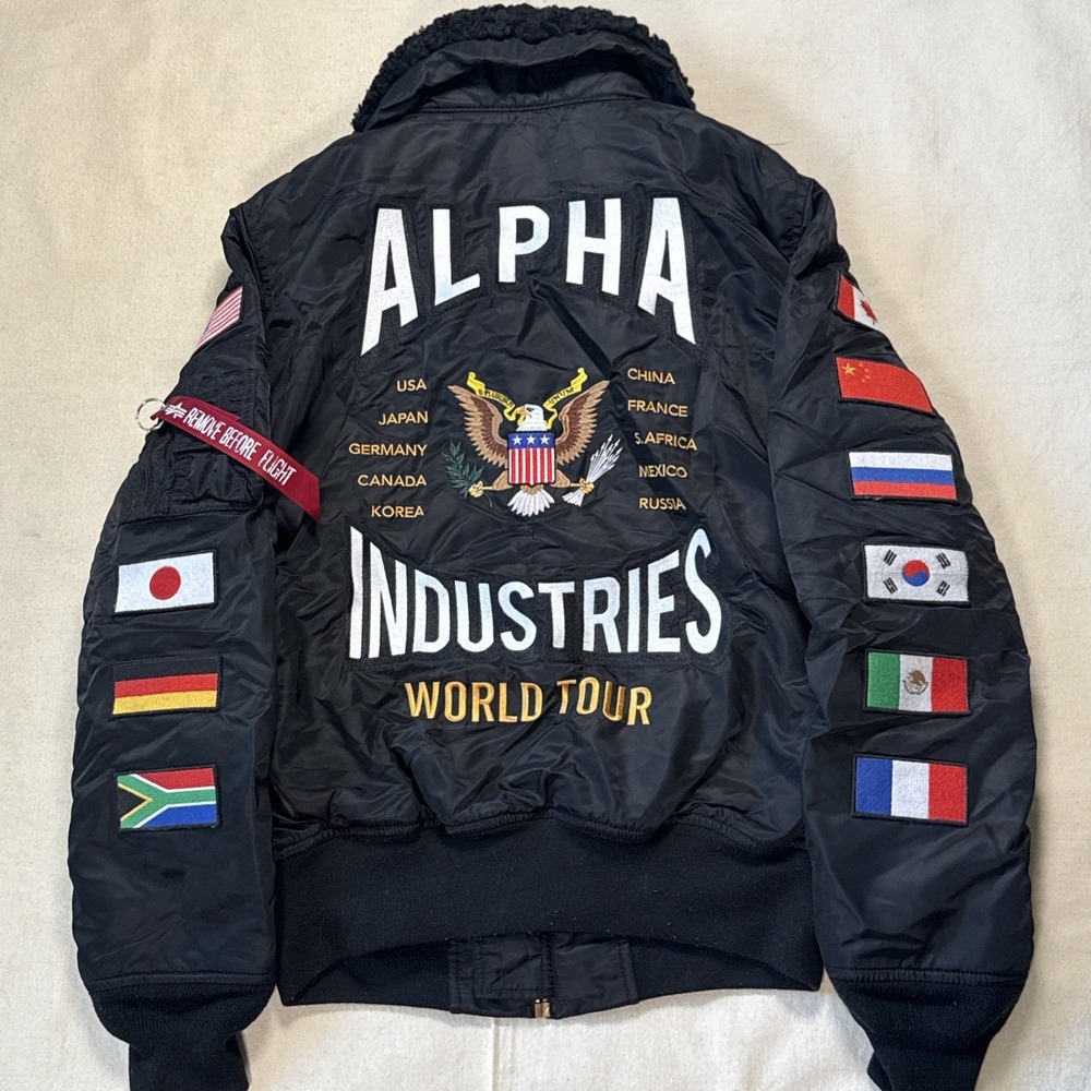 Alpha Industries Bomber Jacket World Tour with various patches And Flags